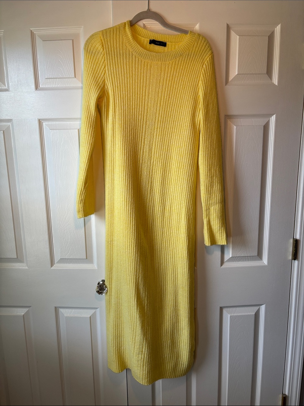 Mango Sunny Yellow Ribbed Long Sleeve Midi Dress